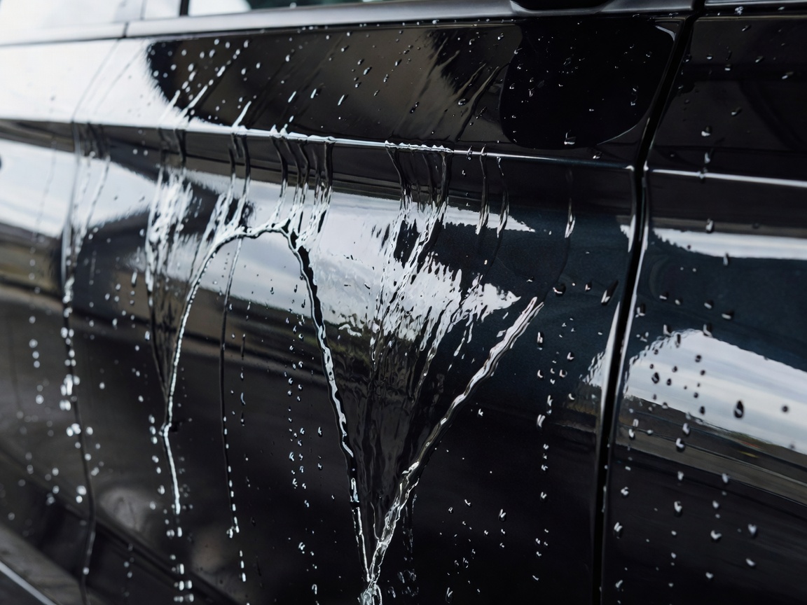 Water flowing over a clean vehicle exterior panel